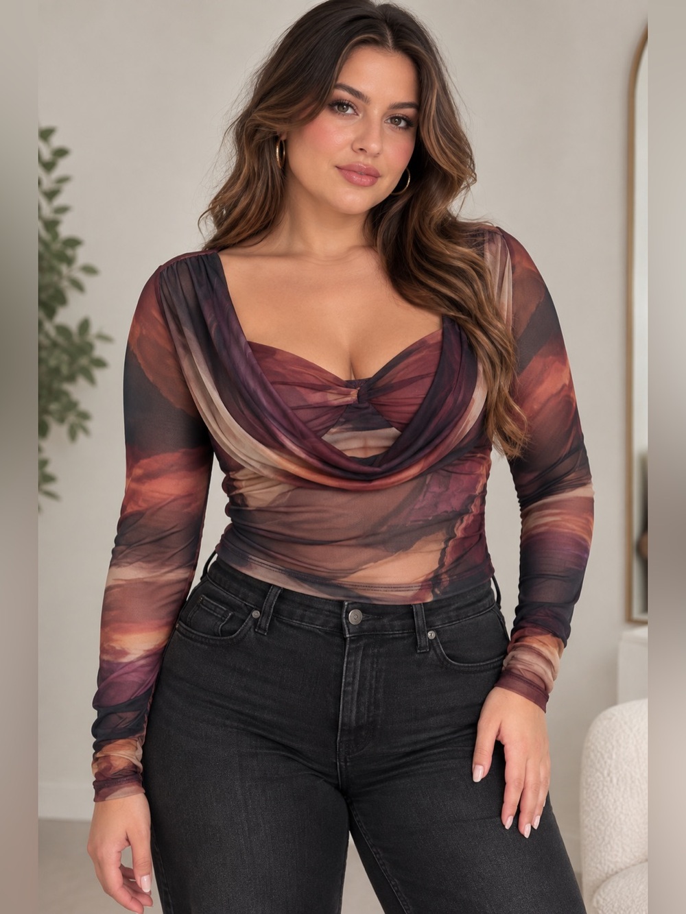 Women’s Size Large Abstract Brown Mesh Ruched Long Sleeve Draped Top